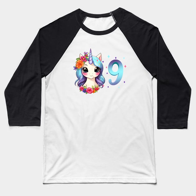 I am 9 with unicorn - girl birthday 9 years old Baseball T-Shirt by Modern Medieval Design